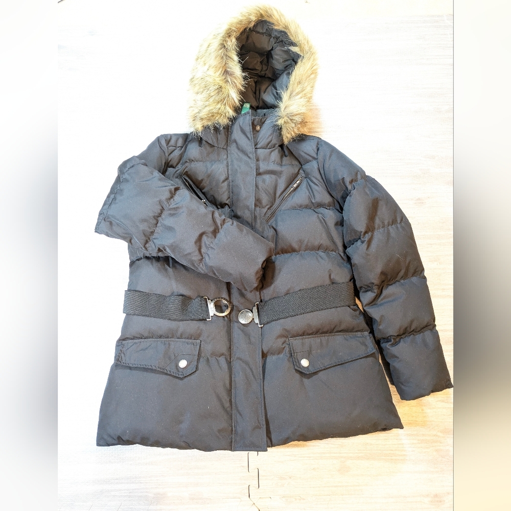 Lauren Ralph Lauren Women's Down Black Puffer Jacket Coat Faux Coyote Fur Trim L - Picture 3 of 13